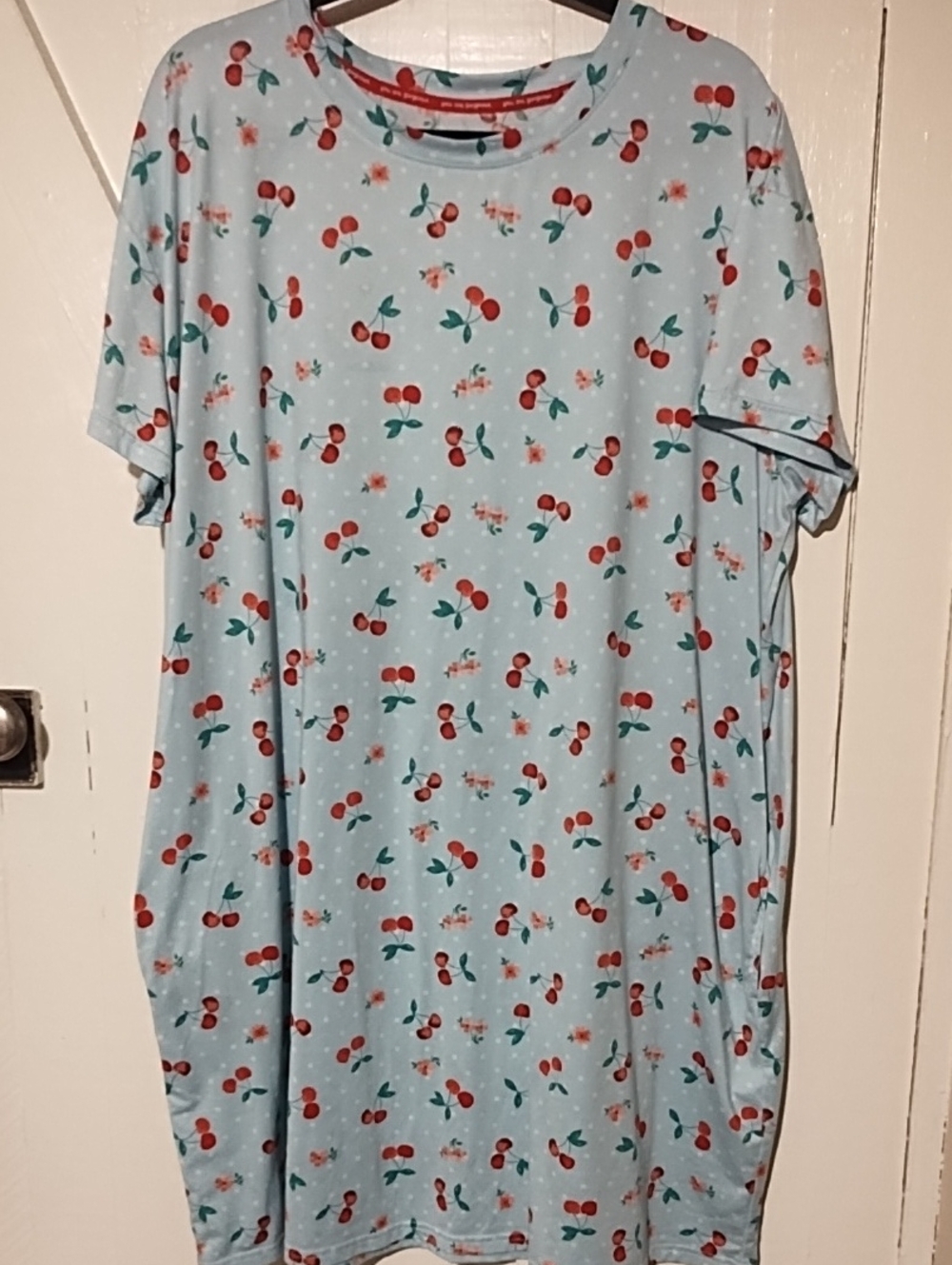 Joyspun 2-3X Cherry Print Light Blue Sleep Wear VGC.